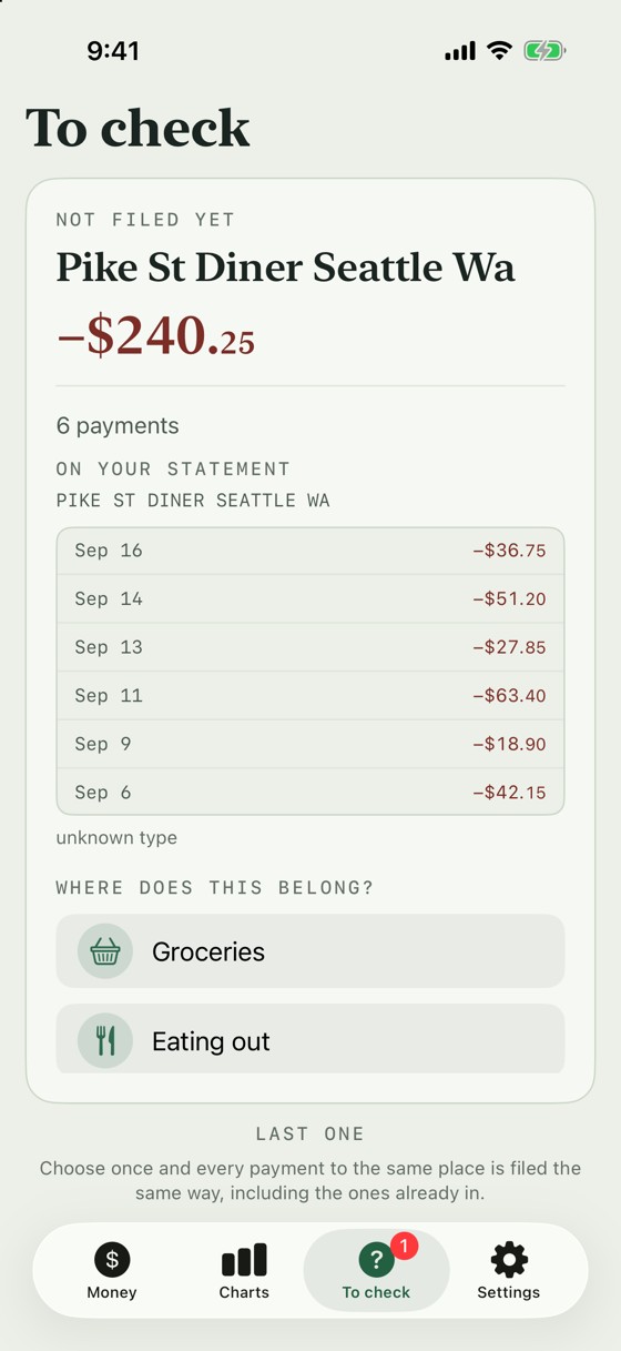 A card asking where six payments to one shop belong, with the dates and amounts listed and a row of categories to choose from.